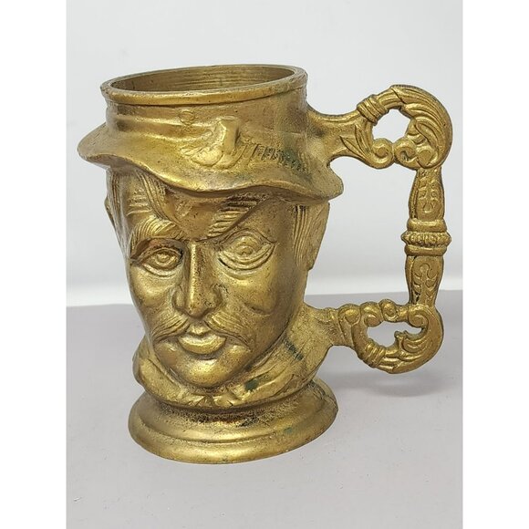Antique Gold-Toned Brass Tankard Mug With Mans Face Design & Ornate Handle - Picture 1 of 9
